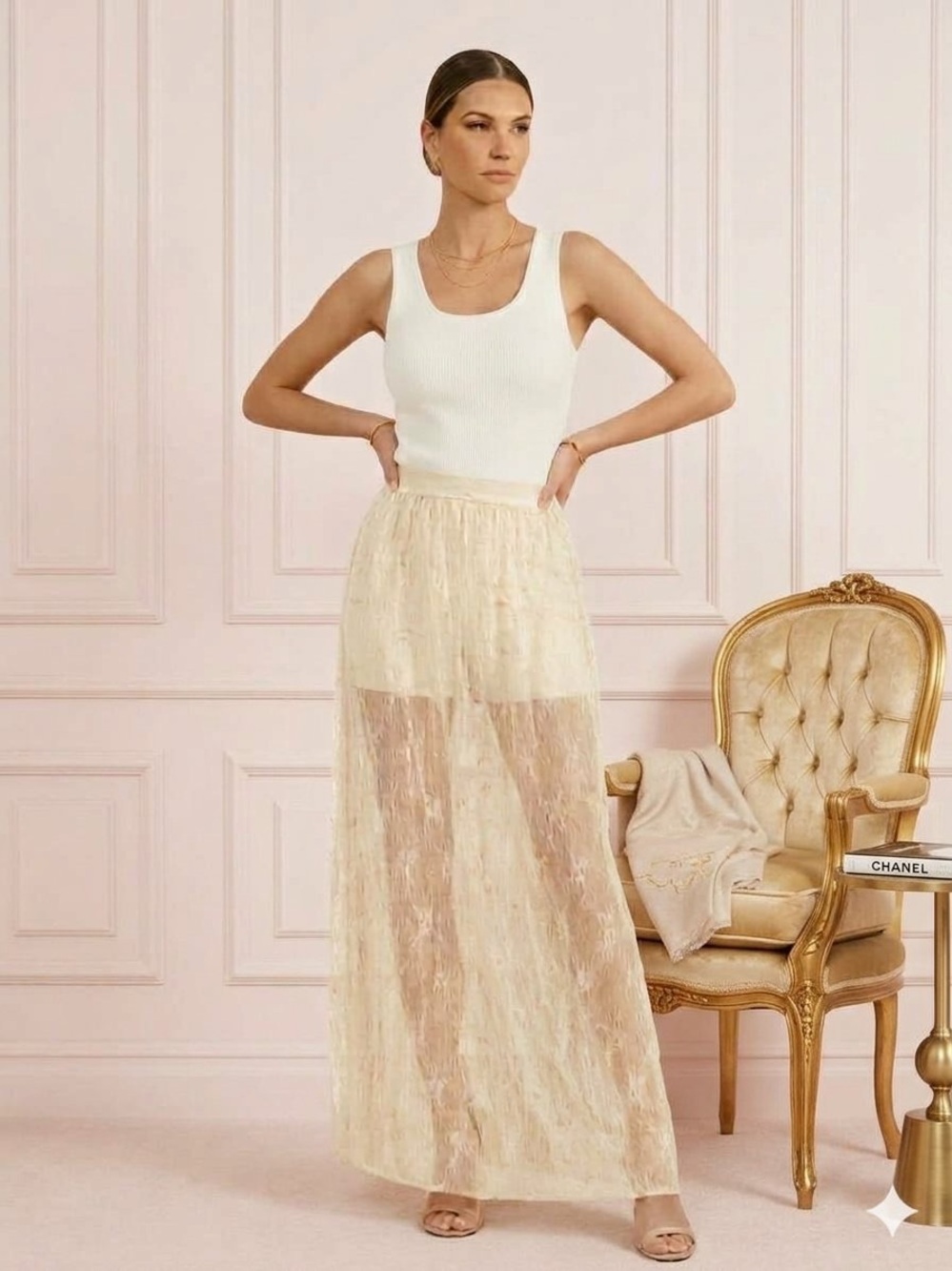 Hayden Sheer Lace Faux-Pearl Embellished Maxi Skirt